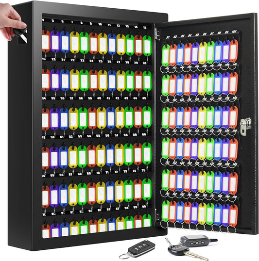 150 Keys Cabinet Organizer Wall Mount, Heavy Duty Key Lock Box with Key Hooks & 150 Tags Key Labels, Security Lockbox for Valets, Hotels, Car, Office Key Management & Storage