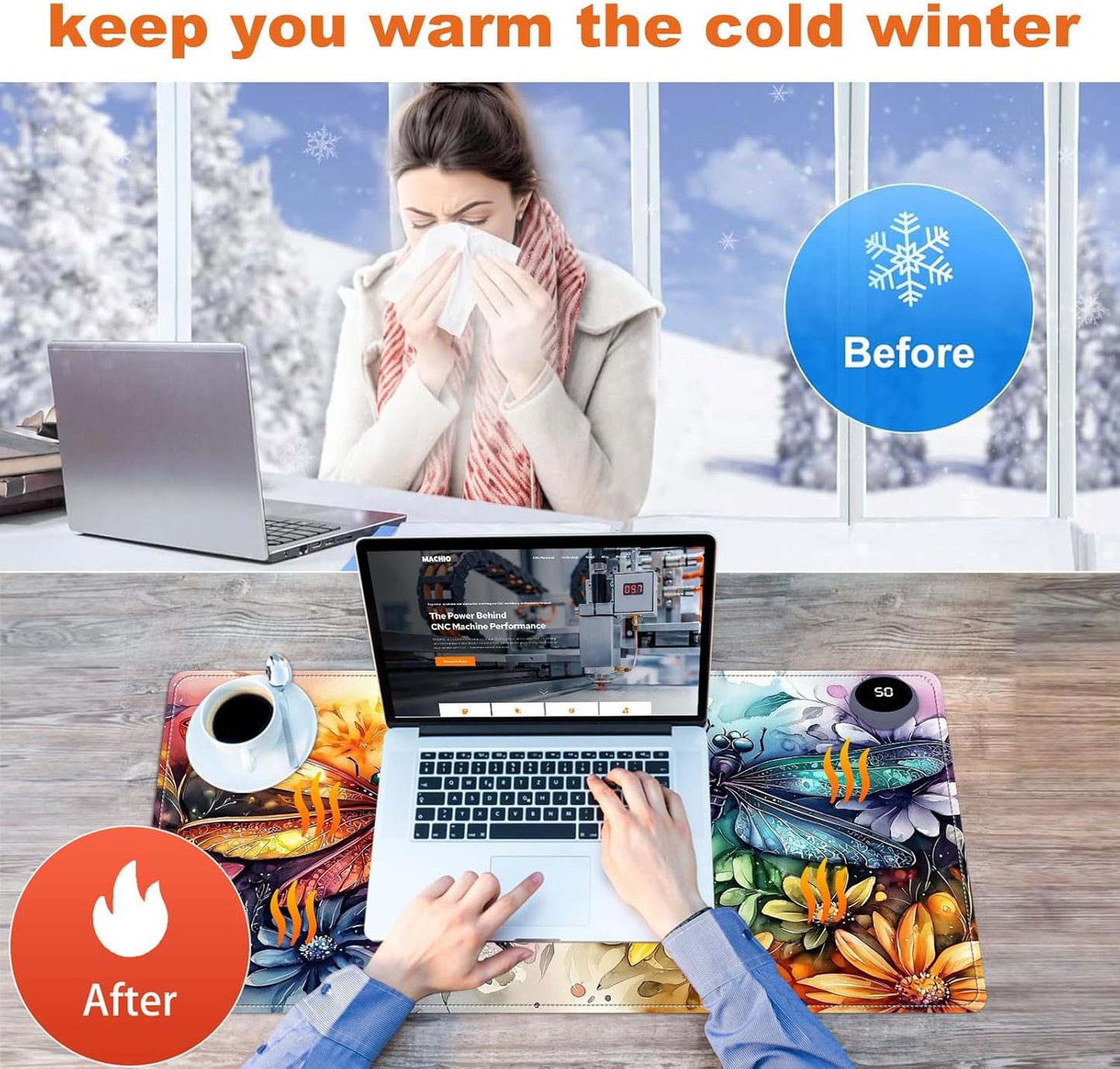 Heated Mouse Pad for Desk 31.5" x 13" – PU Leather Warm Desk Pad with 3 Heat Levels (104°F/113°F/122°F), Plug-in Electric Heating Mat with Auto Shut-Off, Waterproof & Rollable, Colorful Dragonflies