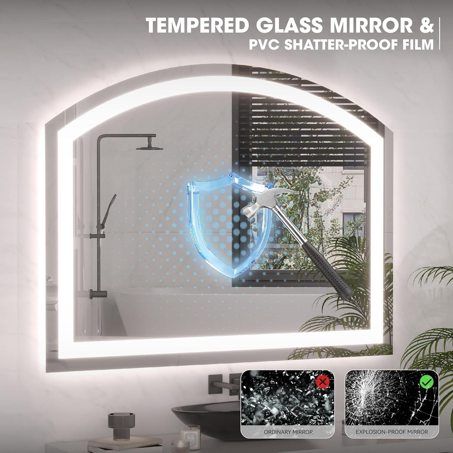 Hasipu 40" x 36" Arch LED Bathroom Mirror, Frontlit Wall-Mounted Vanity Mirror with Lights, Defogging, Smart Touch, Dimmable 3 Color Modes, Safety Shatterproof Glass Coating