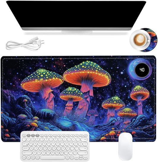 Heated Mouse Pad 23.6 x 14 in 3-Temp Fast Heating Desk Mat with Auto Timer Warmer for Hands Wrist Pain Relief Waterproof Keyboard Mat for Office, Gaming, Home, Mushroom Galaxy Art