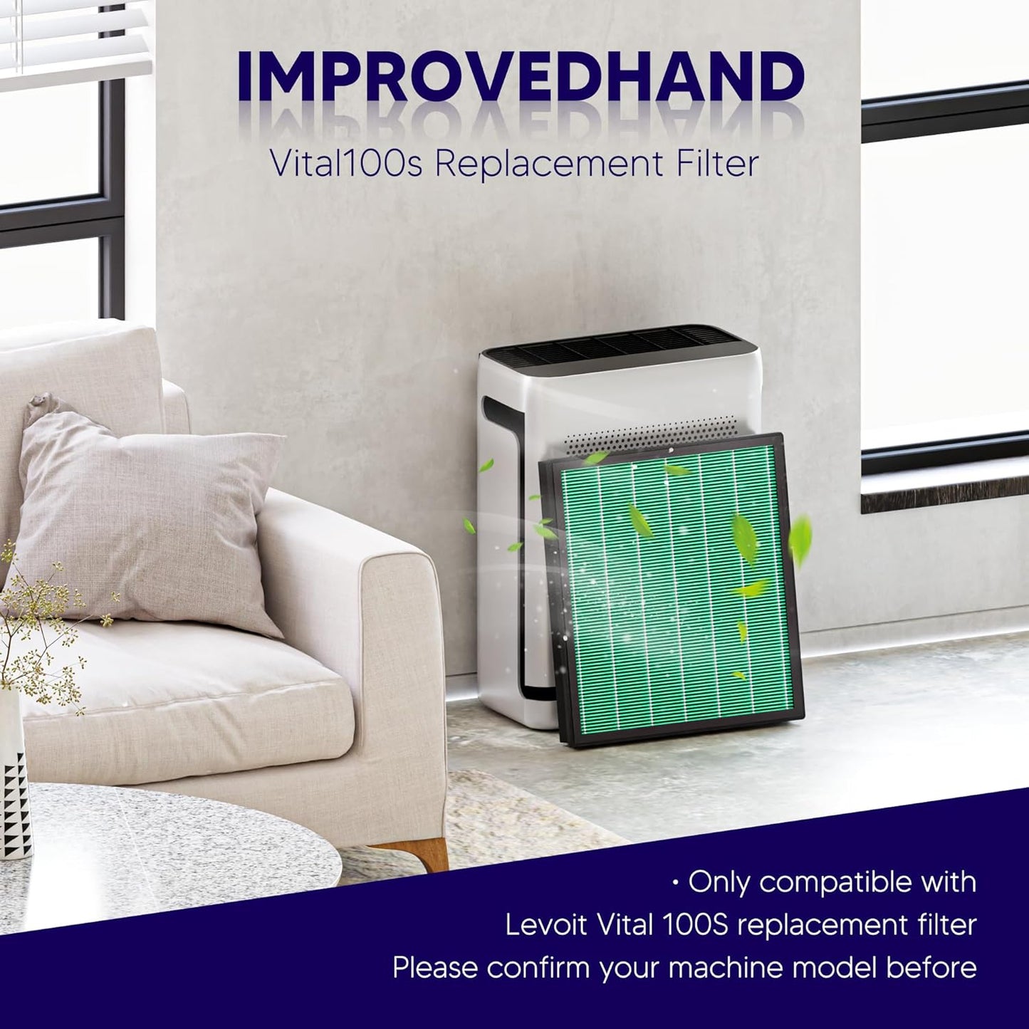 Improvedhand Vital 100S HEPA Replacement Filter Toxin Absorber Compatible With LEVOIT Vital 100S/100S-P Air Purifier, High-Efficiency 3-IN-1 True HEPA and Activated Carbon Filters, Pack of 2, Green