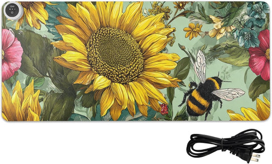 Heated Desk Pad Mouse Pad 31.5x13 Inch PU Leather Desk Mat with 3 Heat Levels Large Mouse Gaming Computer Laptop Mat Bees Sunflowers Leaves Green