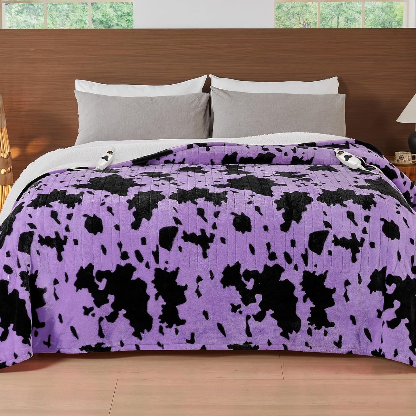 Cow Print Electric Heated Blanket King Size,90X100 Purple Heating Blanket King With Dual Control&Timer&10 Heat Levels,Highland Cow Decor Fleece Sherpa Blankets Warmer Gifts for Bed Women Adults