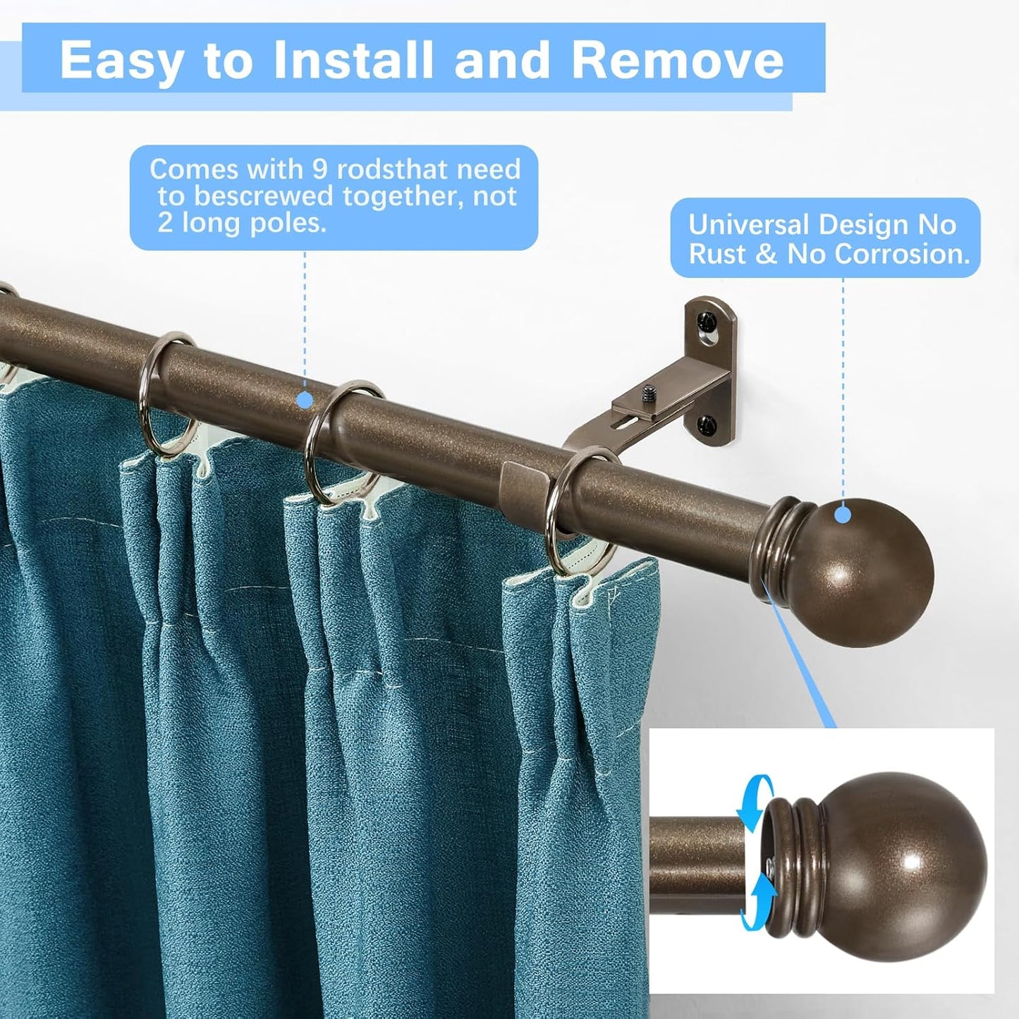 Curtain Rods for Windows 16 to 136 Inches, Curtain Rod Max Adjustable Length of 144 IN, 1" Diameter Drapery Rods Round Finials, Brown, Pack of 1