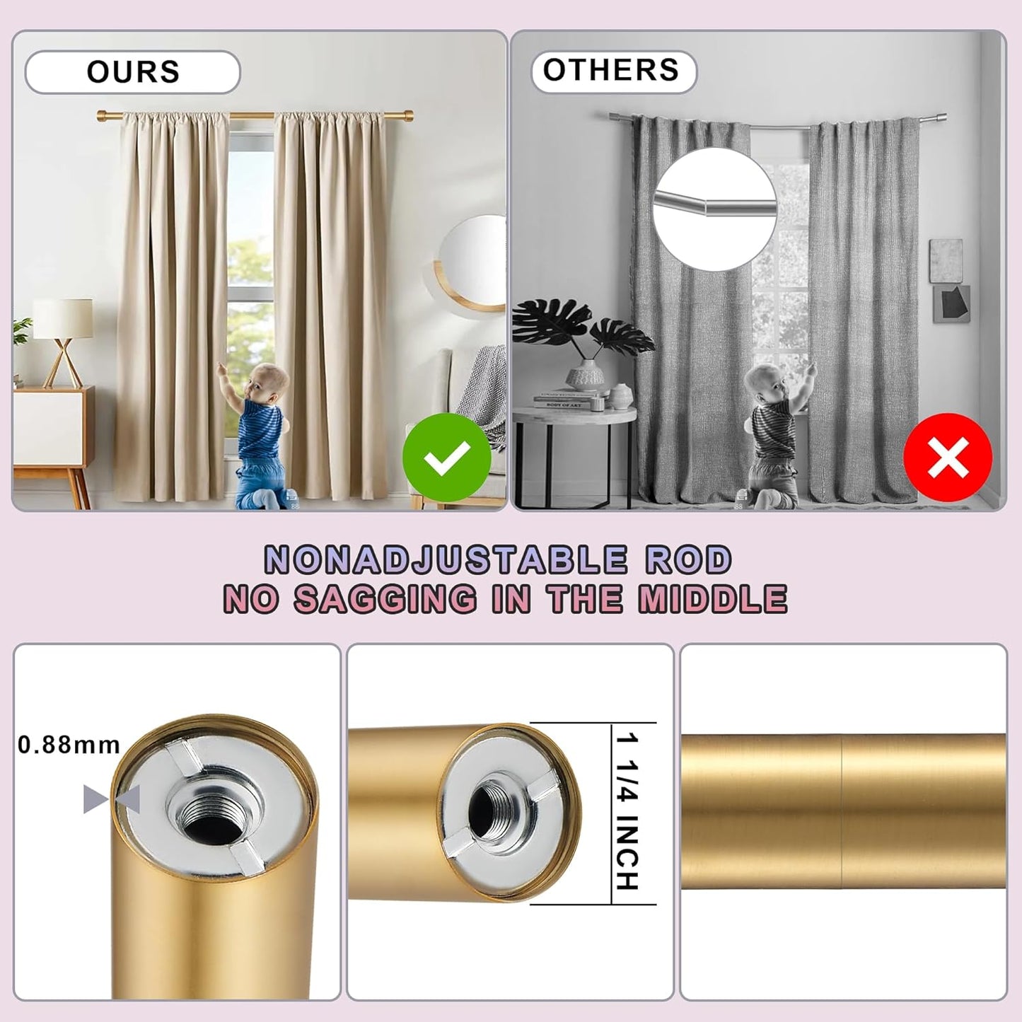 Heavy Duty Curtain Rods,1 1/4" Large Diameter Premium Nonadjustable Curtain Rod,132in/11ft Custom Window Treatment Rods with Durable Aluminum Brackets and End Caps,Gold Finish