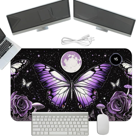 Heated Mouse Pad with 3 Temperature Settings(104°F–122°F),Large 24x14.2 Inch PU Leather Heated Desk Mat,Waterproof Warming Pad for Office,Gaming & Cold Hands Relief,Purple Butterfly Flower