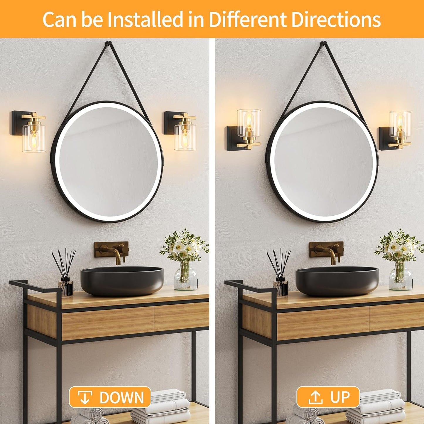 1 Light Modern Bathroom Light Fixtures Over Mirror, Black Gold Vanity Lights for Bathroom Wall Sconces with Clear Glass Shades, E26 Socket (Bulbs Not Included)