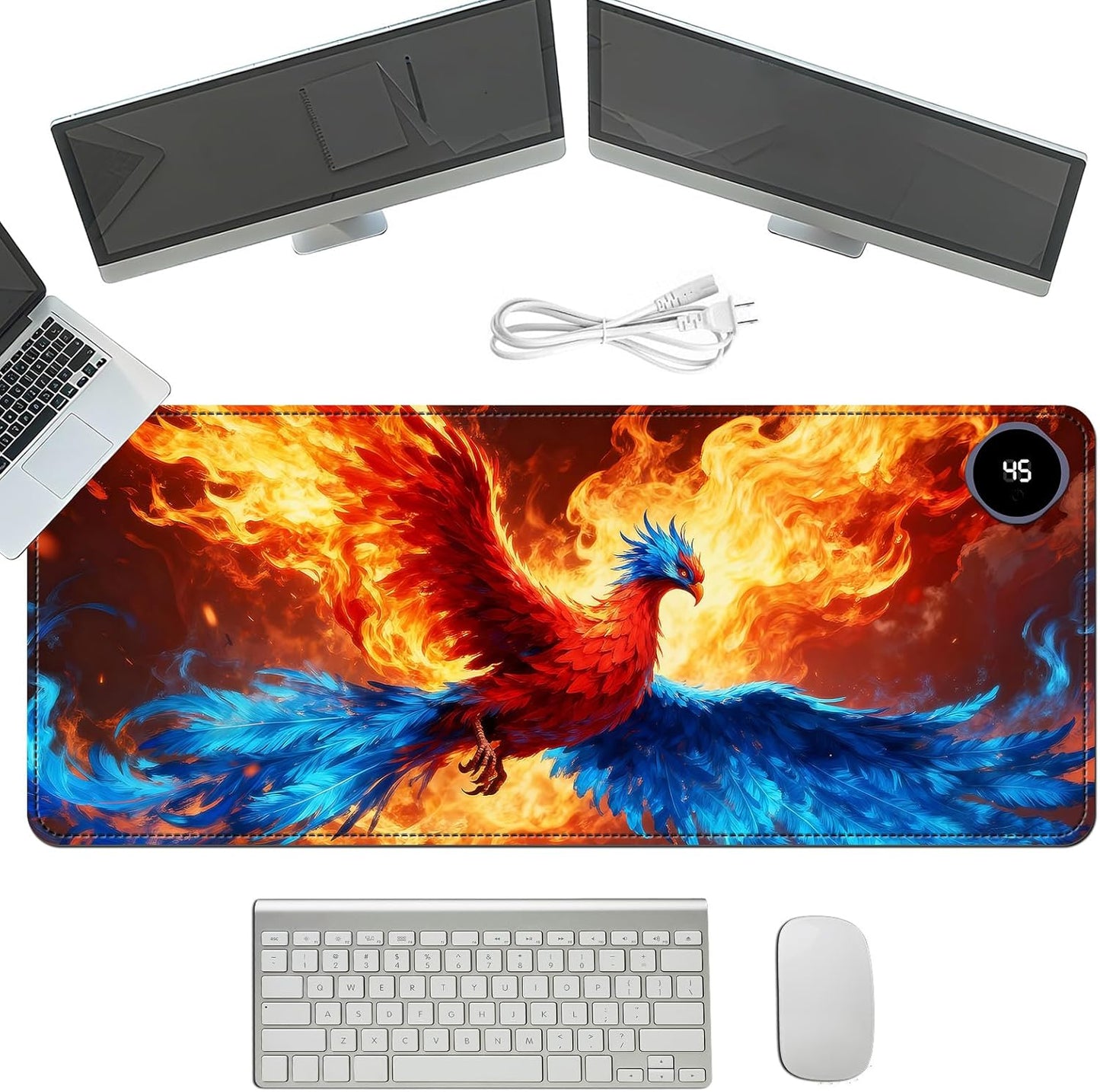 Heated Mouse Pad with 3 Temperature Settings(104°F–122°F),Large 31.5x13 Inch PU Leather Heated Desk Mat,Waterproof Warming Pad for Office,Gaming & Cold Hands Relief,Fiery Phoenix Bird
