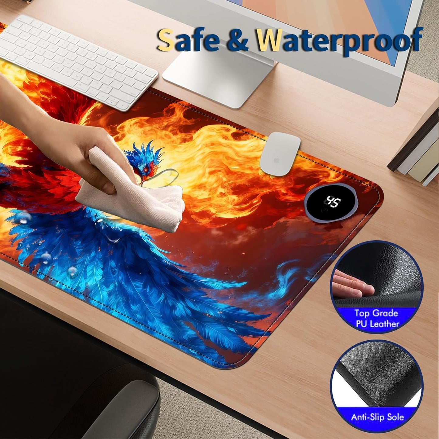 Heated Mouse Pad with 3 Temperature Settings(104°F–122°F),Large 31.5x13 Inch PU Leather Heated Desk Mat,Waterproof Warming Pad for Office,Gaming & Cold Hands Relief,Fiery Phoenix Bird