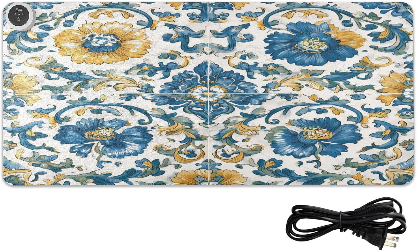 Heated Desk Pad Mouse Pad 31.5x13 Inch PU Leather Desk Mat with 3 Heat Levels Large Mouse Gaming Computer Laptop Mat Floral Blue and Yellow Tile