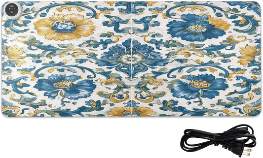 Heated Desk Pad Mouse Pad 31.5x13 Inch PU Leather Desk Mat with 3 Heat Levels Large Mouse Gaming Computer Laptop Mat Floral Blue and Yellow Tile