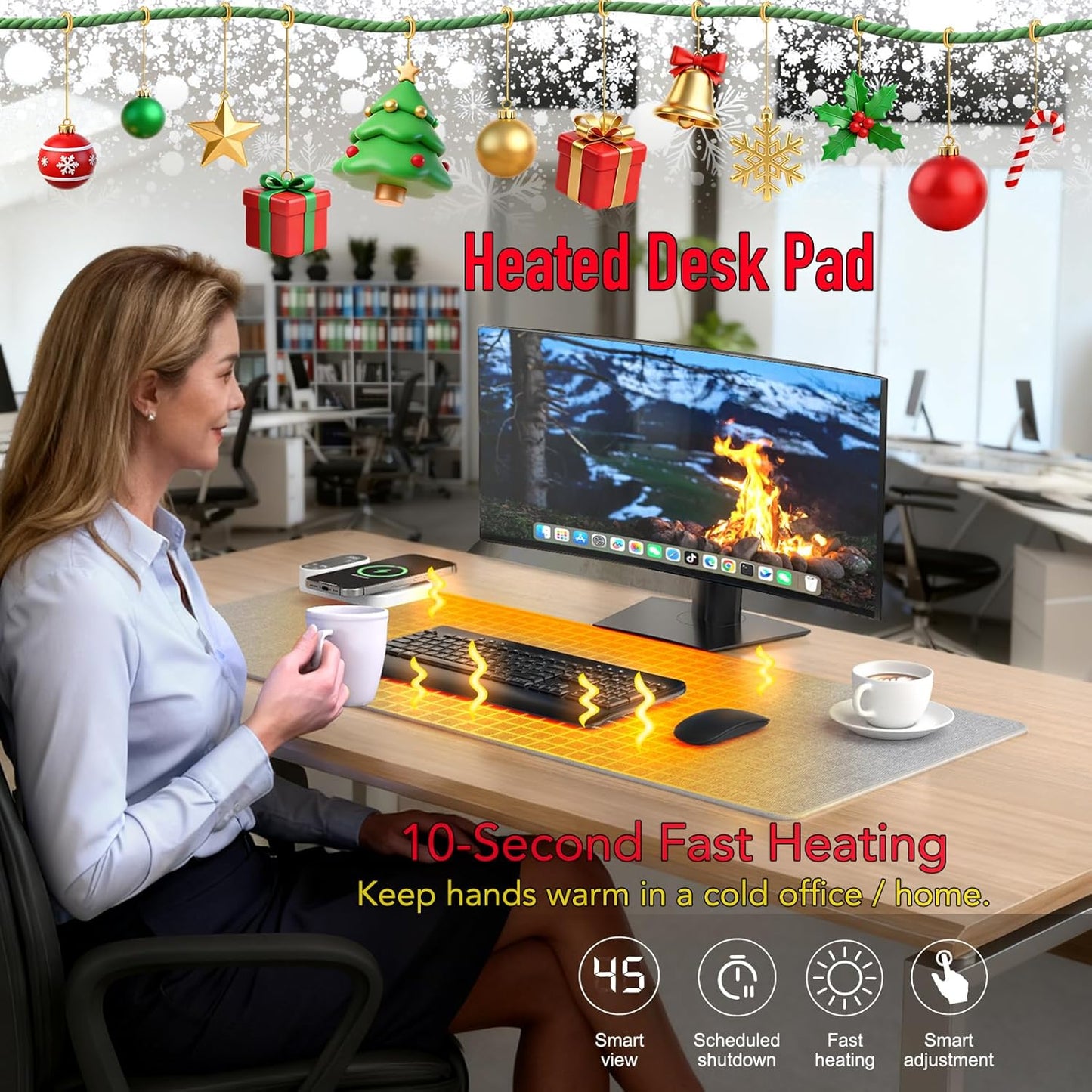 Heated Desk Mat, 10-Second Fast Heating Desk Heater Mat with 3-in-1 Charging (15W Wireless + Type-C + USB-A), Large 31.5" x 13" Waterproof Mouse Pad, 2–6H Auto-Stop, Ideal Office & Home Christmas Gift