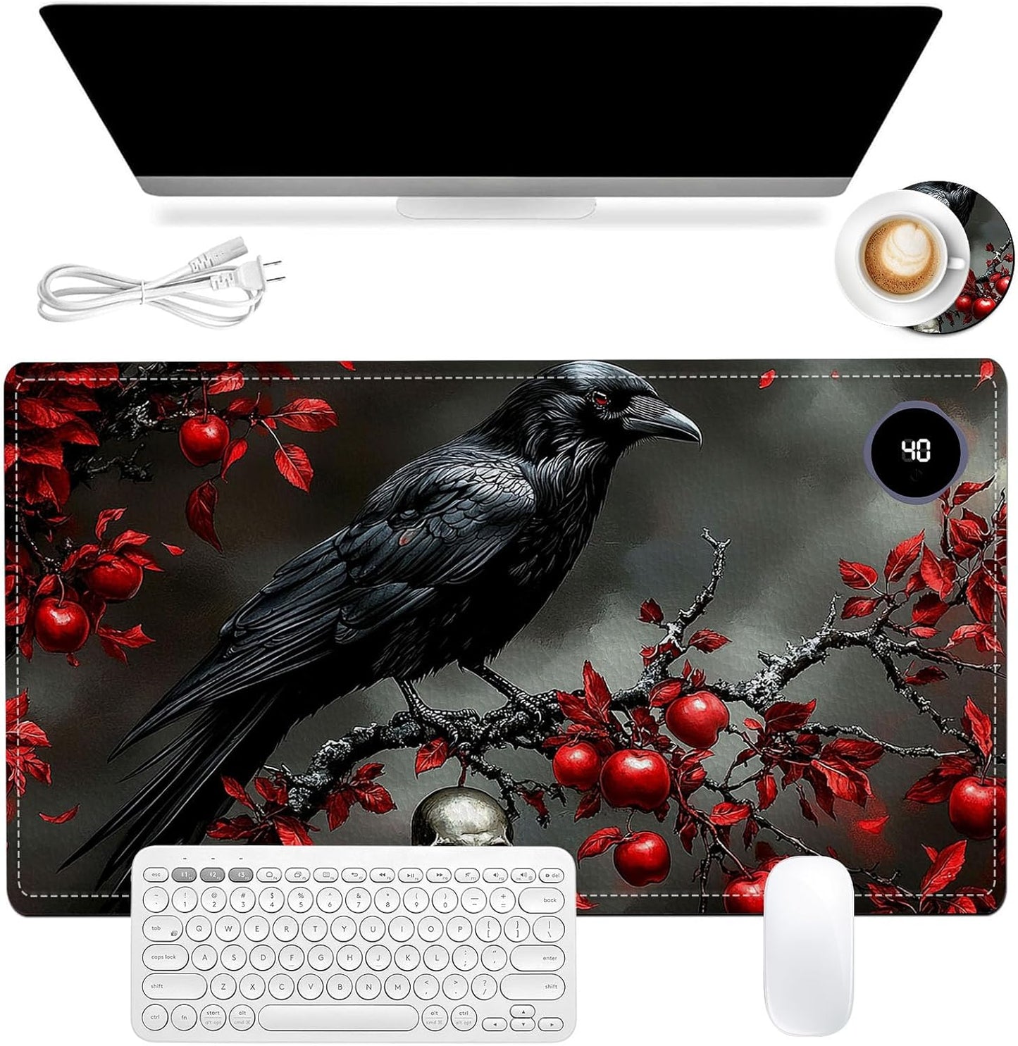 Heated Mouse Pad 23.6 x 14 in 3-Temp Fast Heating Desk Mat with Auto Timer Warmer for Hands Wrist Pain Relief Waterproof Keyboard Mat for Office, Gaming, Home, Raven Red Berries