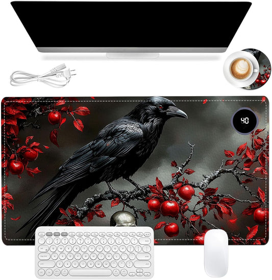 Heated Mouse Pad 23.6 x 14 in 3-Temp Fast Heating Desk Mat with Auto Timer Warmer for Hands Wrist Pain Relief Waterproof Keyboard Mat for Office, Gaming, Home, Raven Red Berries