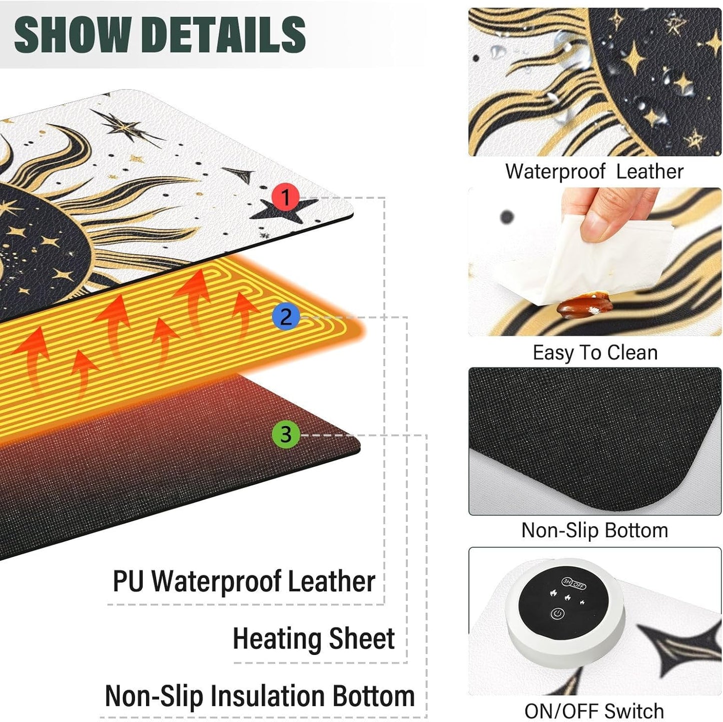 Heated Desk Pad Mouse Pad 31.5x13 Inch PU Leather Desk Mat with 3 Heat Levels Large Mouse Gaming Computer Laptop Mat Vintage Constellation Sun and Star 01