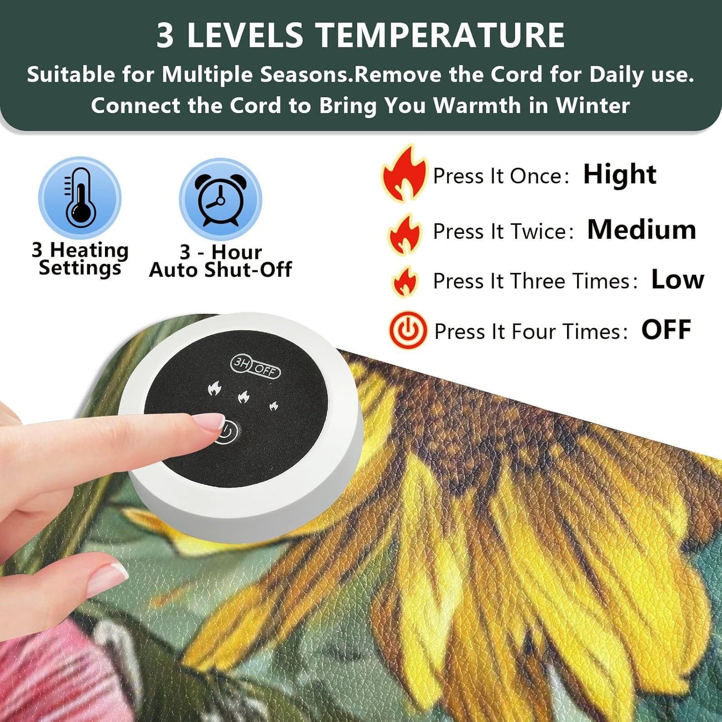 Heated Desk Pad Mouse Pad 31.5x13 Inch PU Leather Desk Mat with 3 Heat Levels Large Mouse Gaming Computer Laptop Mat Bees Sunflowers Leaves Green