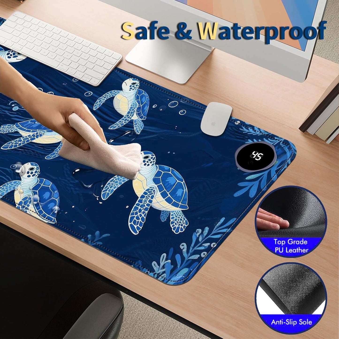 Heated Mouse Pad with 3 Temperature Settings(104°F–122°F),Large 31.5x13 Inch PU Leather Heated Desk Mat,Waterproof Warming Pad for Office,Gaming & Cold Hands Relief,Blue Sea Turtle