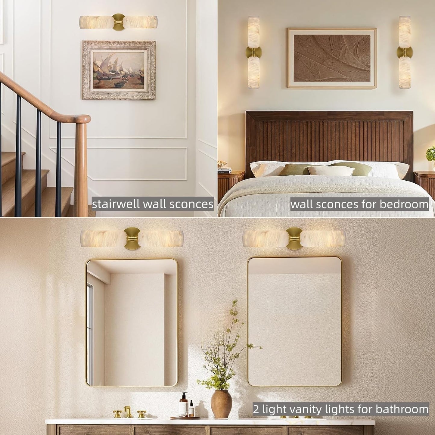 20in Alabaster Wall Sconces Set of Two, Modern Spanish Natural Marble Bathroom Vanity Sconces, Brass Alabaster Sconce Wall Lighting, Gold Wall Light Fixtures Decor for Bedroom Living Room Staircases