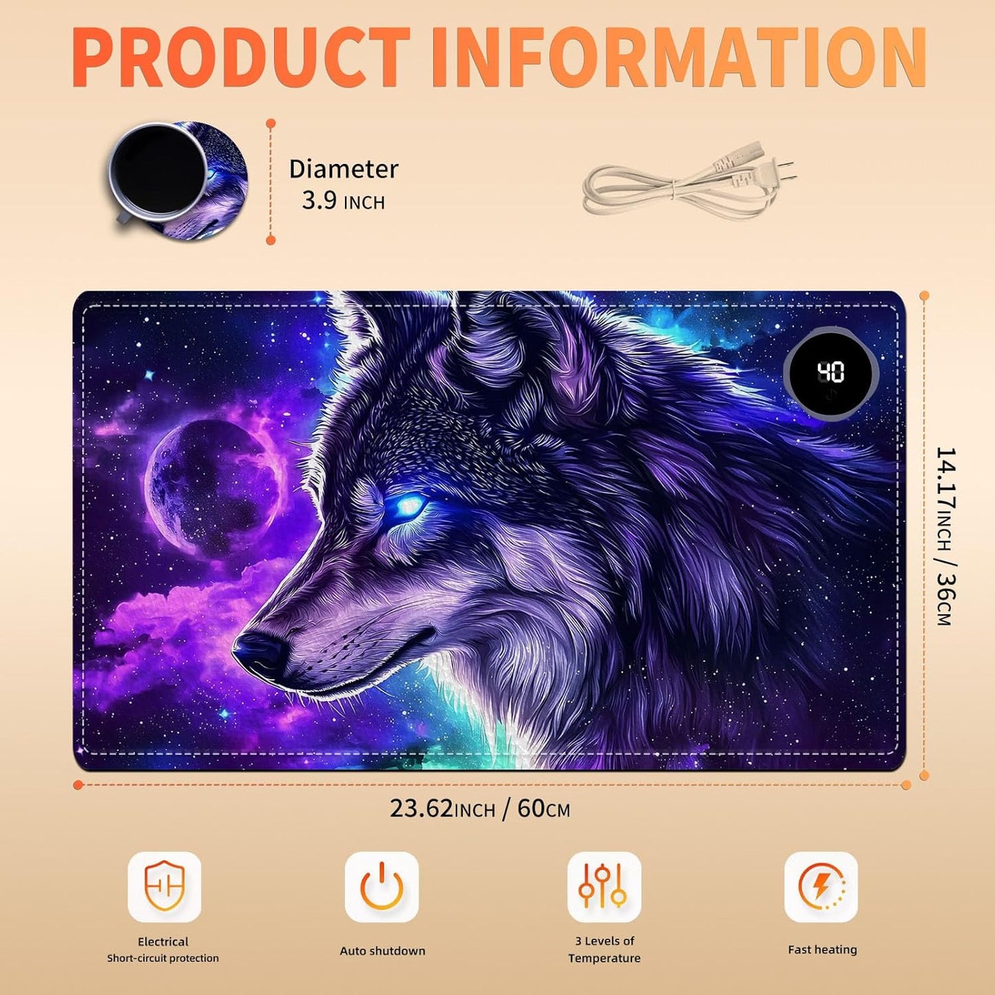 Heated Mouse Pad, Warm Desk Pad, Keyboard Mat 23.6 x 14 Inch Large Size Intelligent Fast Heating, 3 Speed Adjustable, Timed Auto Power Off for Game Office Home, Galaxy Wolf