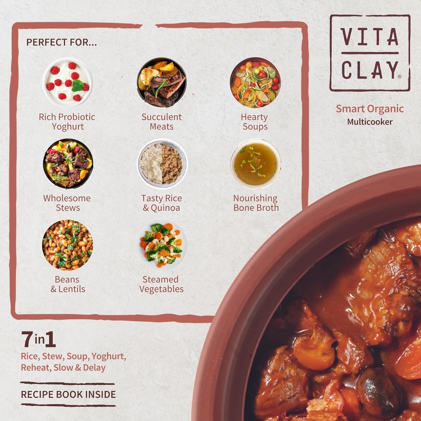 VitaClay Smart Organic Clay Pot Multi Cooker - Toxin Free Clay Rice Cooker, Delay Start Slow Cooker, Stew Cooker, Electric Soup Pot, Yogurt Maker, with Natural Earthen Clay Crock, 8 Cup / 4.2-Quart