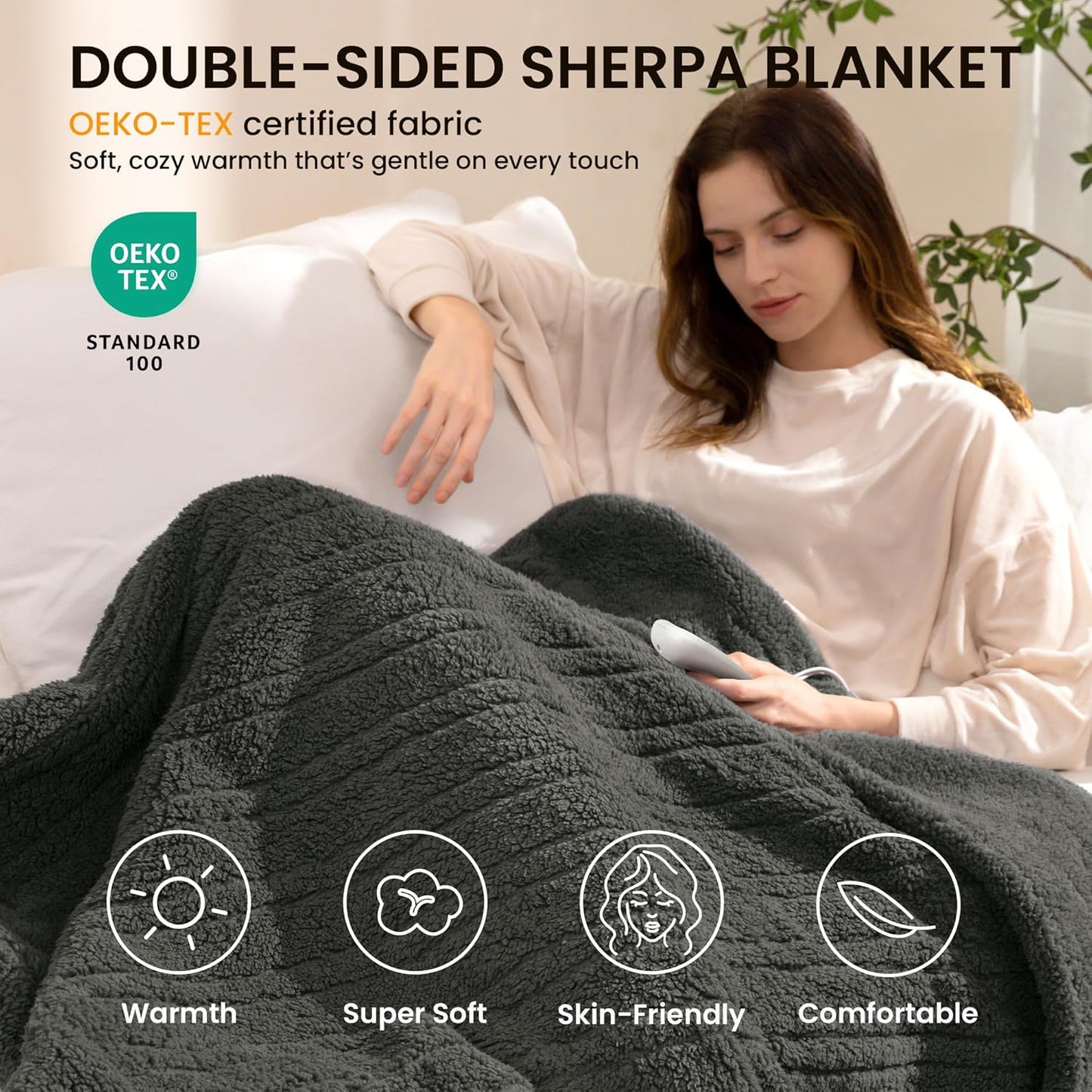 Heated Blanket Electric Blanket Throw - Fast Heating Blanket Throw Double Sided Sherpa Ultra Soft Cozy with 10 Heating Levels & 2-10 Hours Auto Off, Mashine Washable, 50 x 60 Inches, Grey