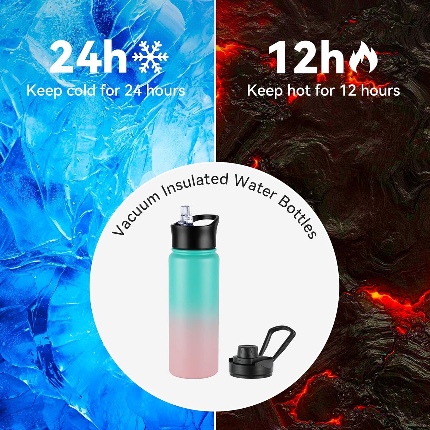 24oz Insulated Water Bottle with Straw Lid, Stainless Steel Metal Water Bottle with Straw & Wide Mouth Lid, Double Wall Vacuum Water Bottle for Hiking Camping, Bubble Gum 1 Pack