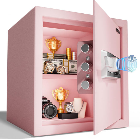 1.5 Cub Biometric Safe Box with Fireproof Bag, Quick-Access Fingerprint with Keys, Digital Keyboard, Type-C Port, Dual Alarm System Safety Box for Home, Office, Hotel Use(Pink)