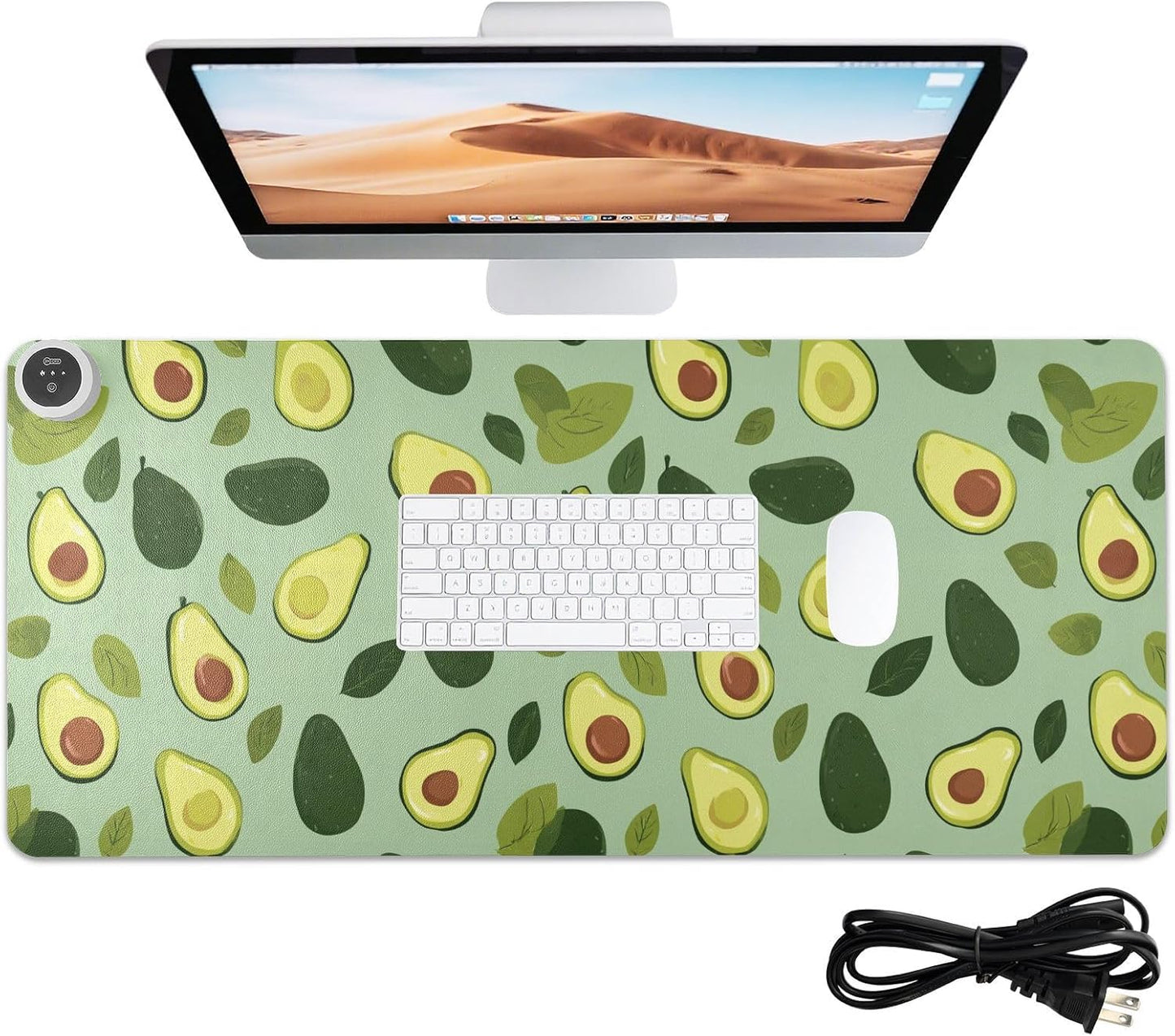 Heated Desk Pad Mouse Pad 31.5x13 Inch PU Leather Desk Mat with 3 Heat Levels Large Mouse Gaming Computer Laptop Mat Green Cute Avocado and Leaves