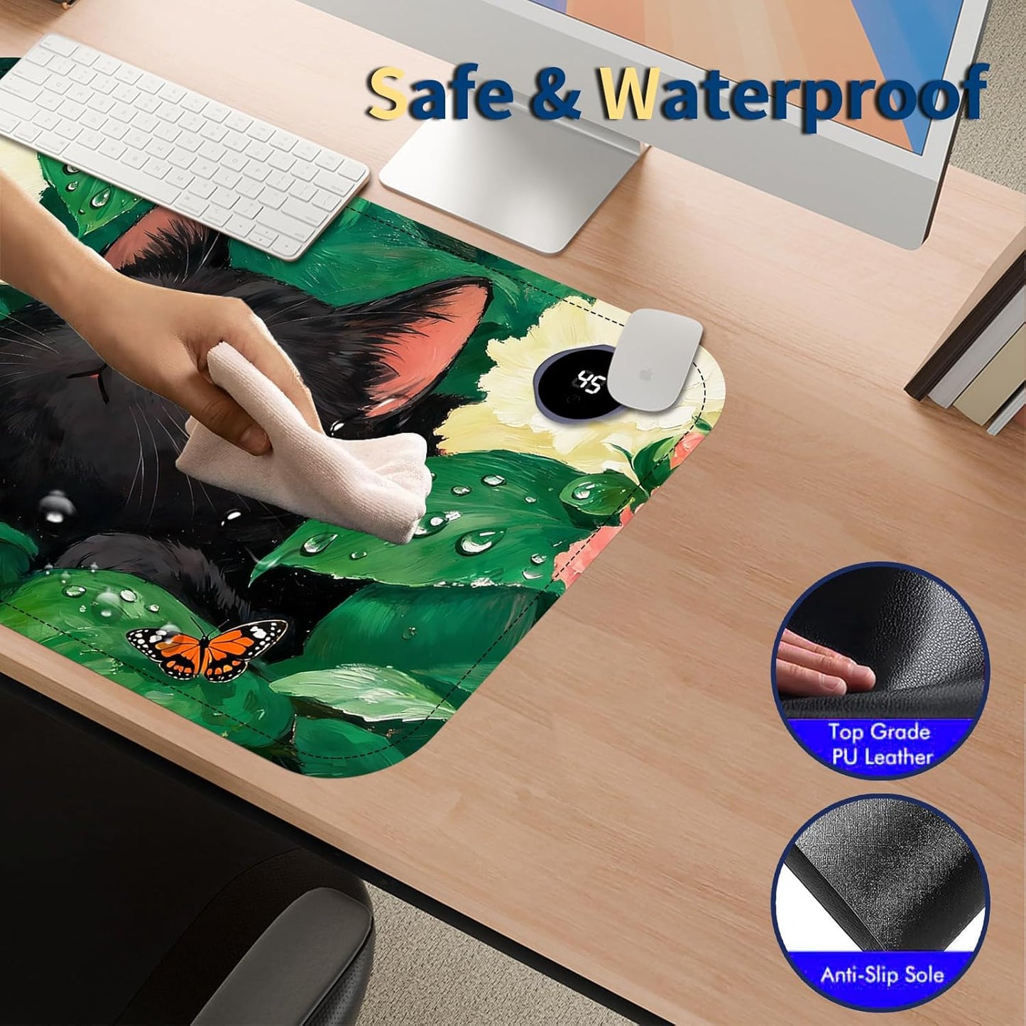 Heated Mouse Pad with 3 Temperature Settings(104°F–122°F),Large 24x14.2 Inch PU Leather Heated Desk Mat,Waterproof Warming Pad for Office,Gaming & Cold Hands Relief,Flower Black Cat Art