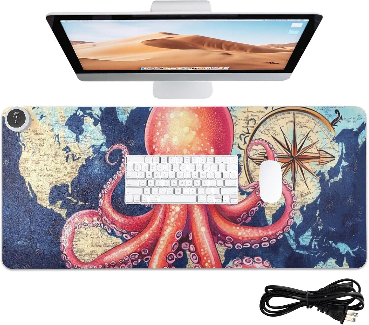 Heated Desk Pad Mouse Pad 31.5x13 Inch PU Leather Desk Mat with 3 Heat Levels Large Mouse Gaming Computer Laptop Mat Blue World Map and Octopus