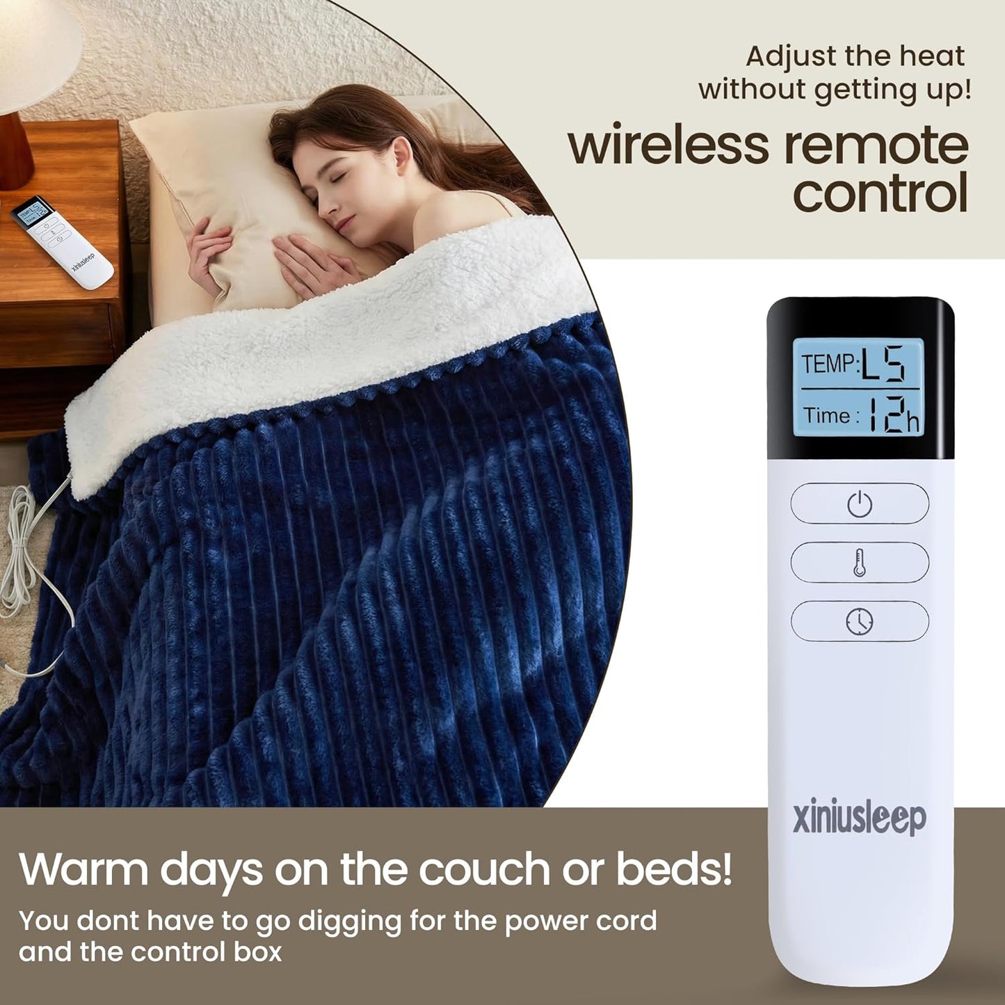 Heated Blanket Electric Blanket 62"x84", Soft Flannel Sherpa Electric Throw with 5 Heating Level & 12 Times Setting, Heated Throw with Overheating Protection, Machine Washable (Navy Blue)