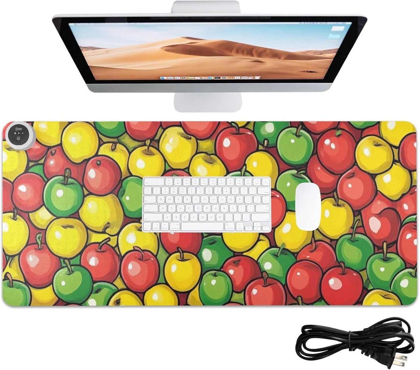 Heated Desk Pad Mouse Pad 31.5x13 Inch PU Leather Desk Mat with 3 Heat Levels Large Mouse Gaming Computer Laptop Mat Apples Colorful