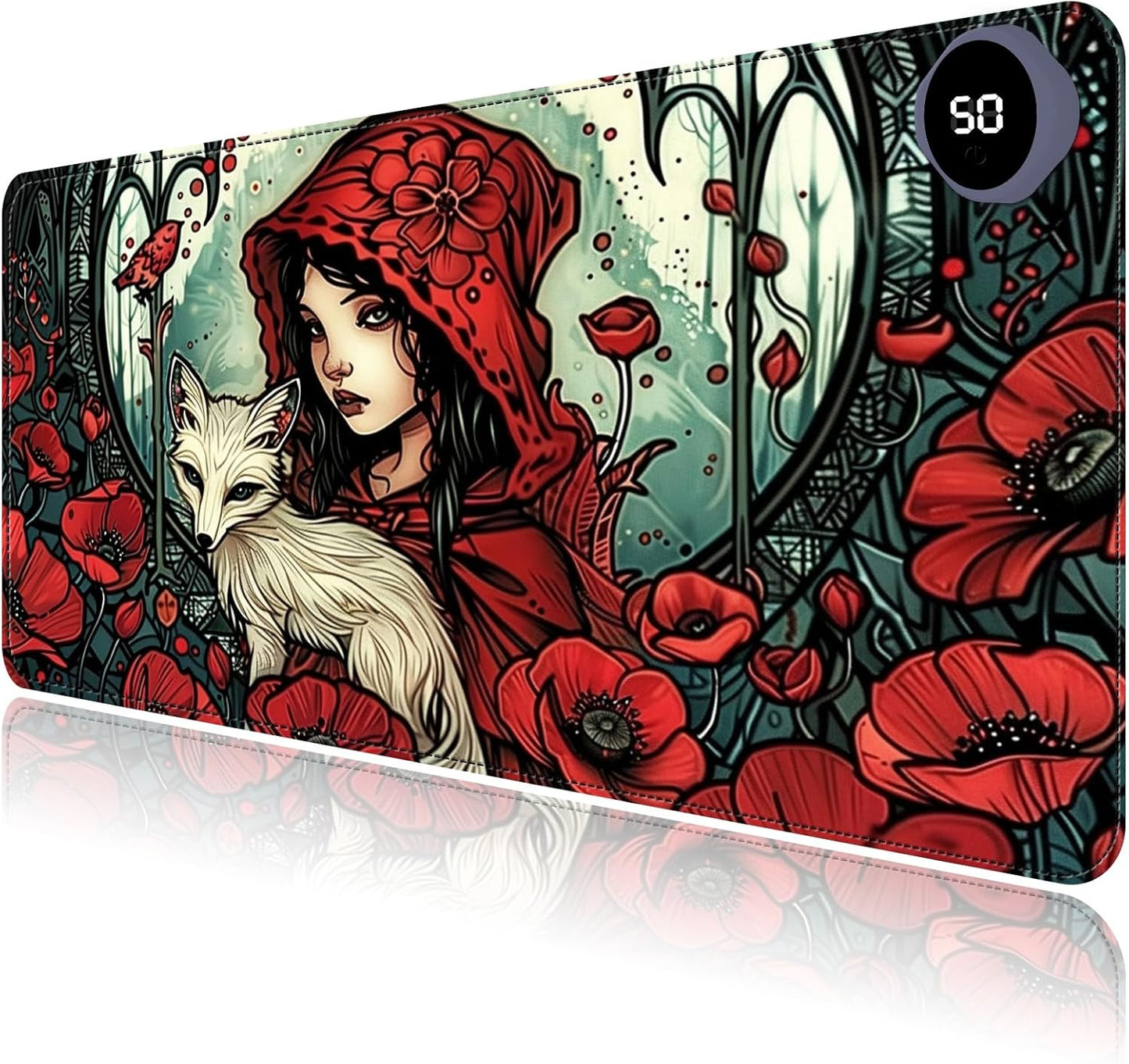Heated Mouse Pad with 3 Levels Heated & 3 Hours Auto Shut-Off Mouse Pad for Warming Hands in Office Home, 23.6" x 14.2"Large Safe Desk Mat Hand Warmer，Girl White Fox