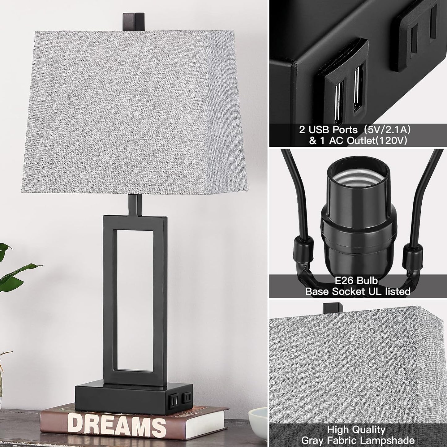 23.5" Touch Control Table Lamps Set of 2, Bedside Lamp with 2 USB Charging Ports & AC Outlet, 3-Way Dimmable Modern Nightstand Lamp for Living Room Bedroom End Table Office(2700K 2 LED Bulbs Included)