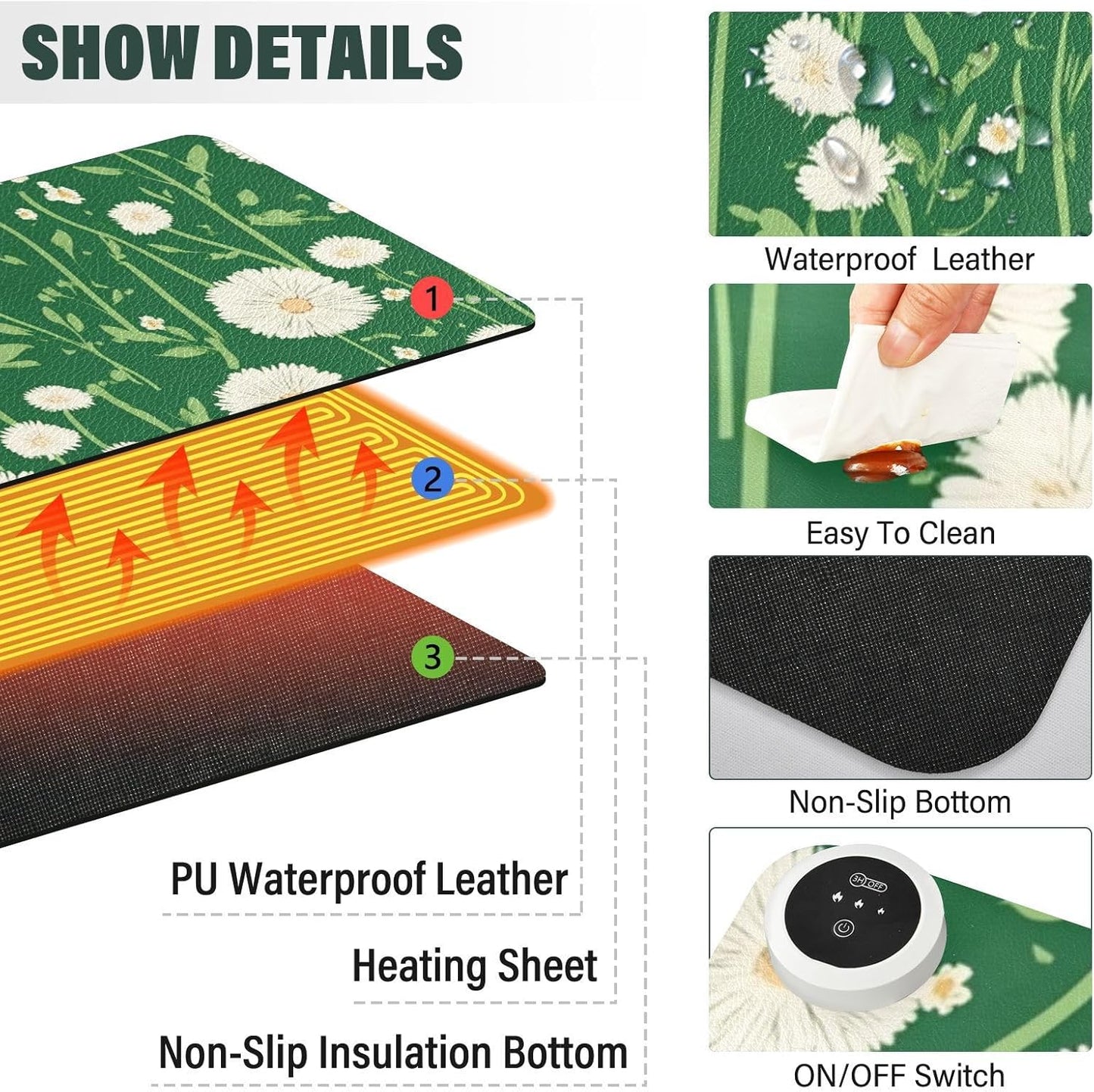 Heated Desk Pad Mouse Pad 31.5x13 Inch PU Leather Desk Mat with 3 Heat Levels Large Mouse Gaming Computer Laptop Mat Green Dandelion and Daisy
