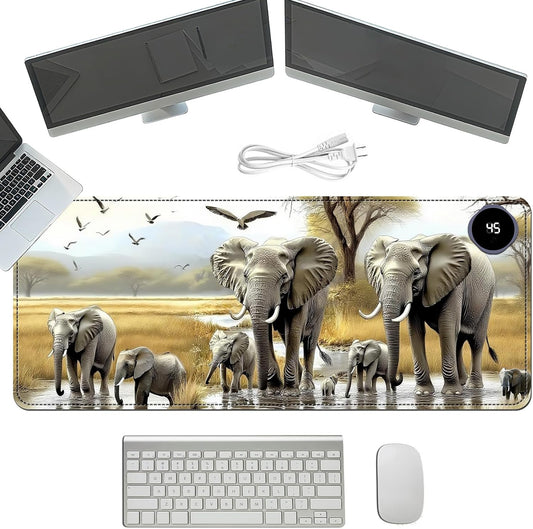 Heated Mouse Pad with 3 Temperature Settings(104°F–122°F),Large 31.5x13 Inch PU Leather Heated Desk Mat,Waterproof Warming Pad for Office,Gaming & Cold Hands Relief,Elephant Herd