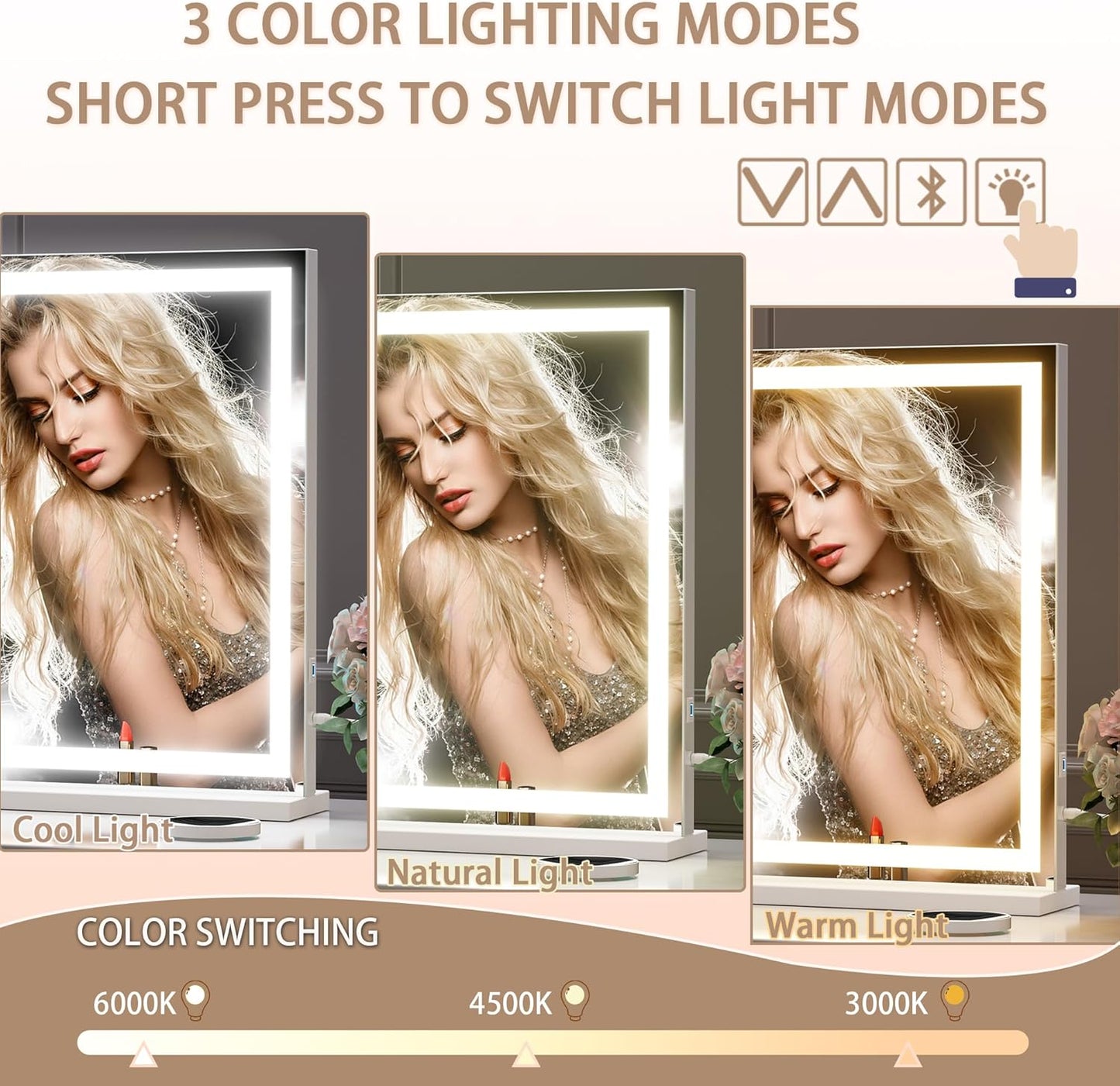 Hasipu Vanity Mirror with Lights and Bluetooth Speaker, 37" x 25.6" LED Makeup Mirror, Lighted Makeup Mirror with Dimmable 3 Modes, Touch Screen Control Vanity Mirror Square White