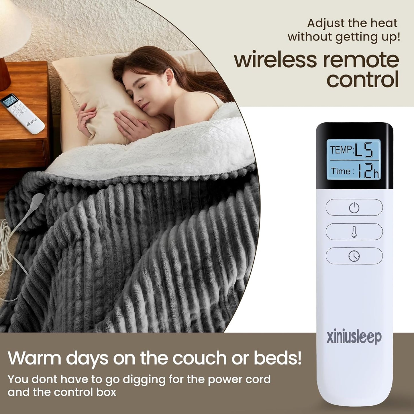 Heated Blanket Electric Blanket 62"x84", Soft Flannel Sherpa Electric Throw with 5 Heating Level & 12 Times Setting, Heated Throw with Overheating Protection, Machine Washable (Grey)