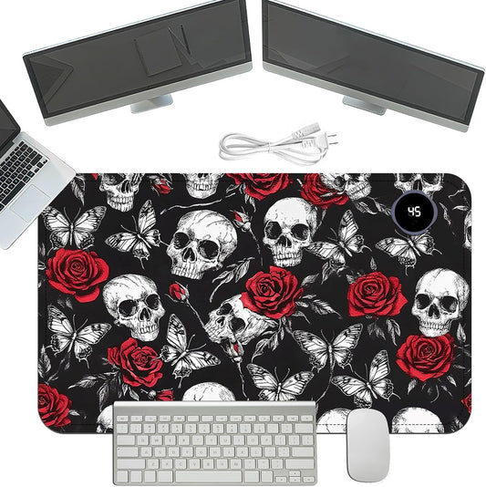 Heated Mouse Pad with 3 Temperature Settings(104°F–122°F),Large 24x14.2 Inch PU Leather Heated Desk Mat,Waterproof Warming Pad for Office,Gaming & Cold Hands Relief,Skeleton Skull Rose