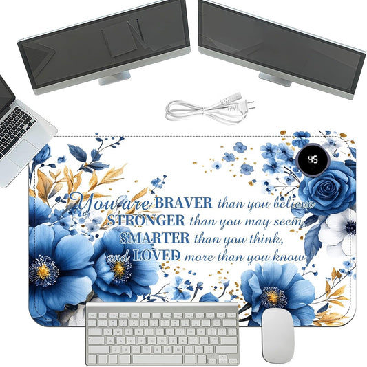 Heated Mouse Pad with 3 Temperature Settings(104°F–122°F),Large 24x14.2 Inch PU Leather Heated Desk Mat,Waterproof Warming Pad for Office,Gaming & Cold Hands Relief,Bule Flower Quotes