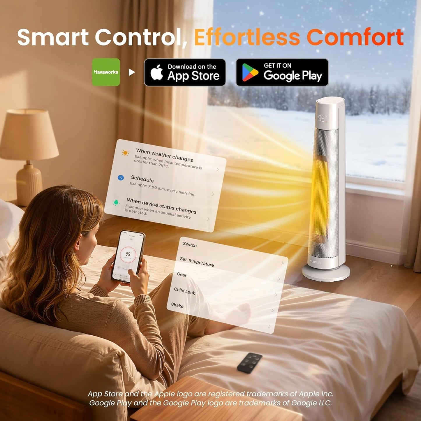 1500W PTC Ceramic Smart Space Heaters for Indoor Use, Portable Heater with Remote & App Control for Large Room, Office, ECO Modes, Safety Protection, 70° Oscillation, 12H Timer, Silver, 1 Pack