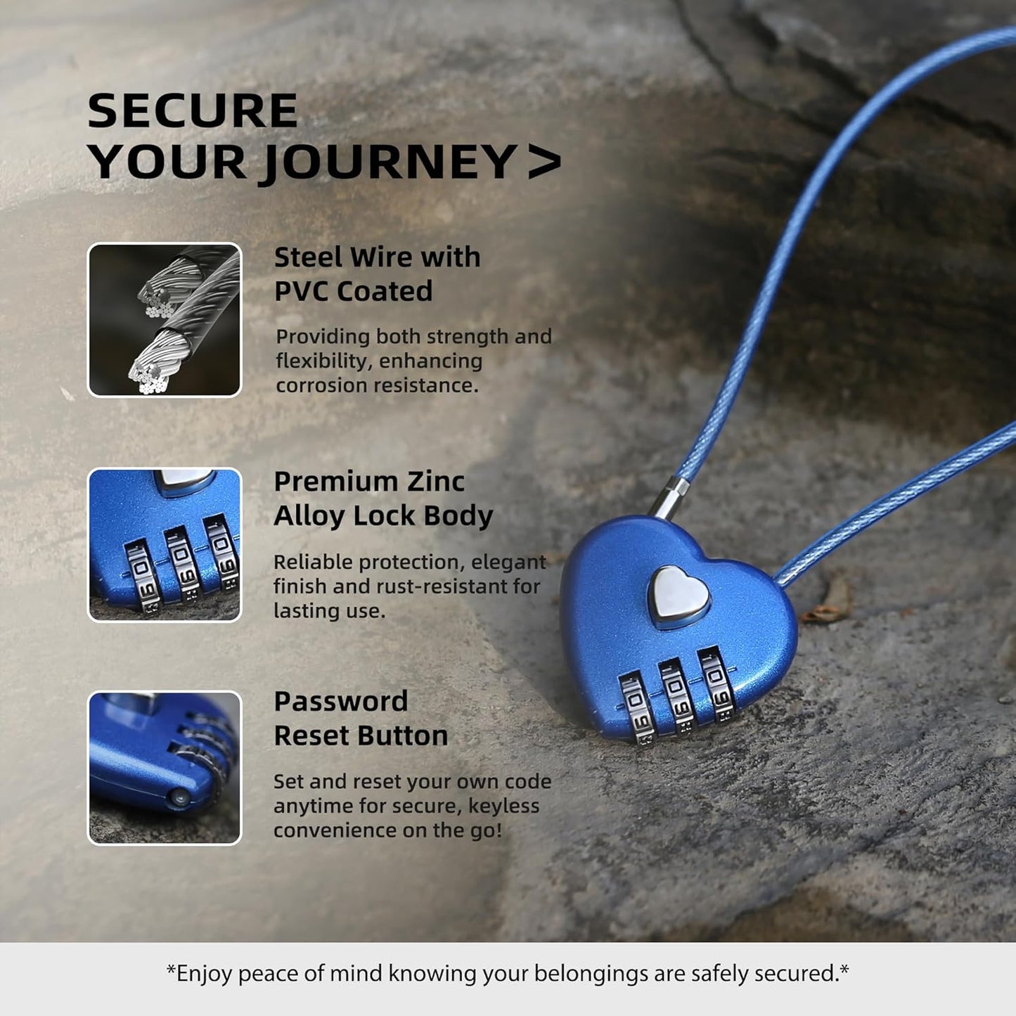 3 Digit Combination Lock, Thin Cable Lock with Code, Cable Padlock Combination, for Travel Essentials, Luggage, Helmet, Stroller, Wardrobe Closet, French Refrigerator Door, Pool Gate