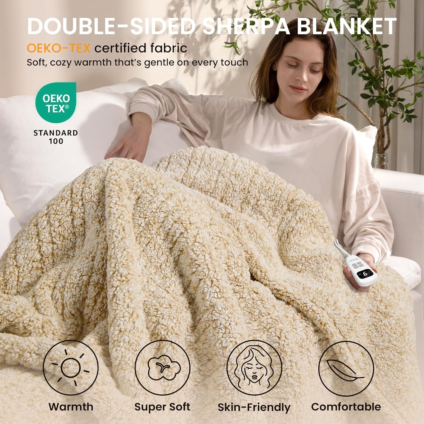 Heated Blanket Electric Blanket King - Fast Heating Blanket Throw Dual Control Double Sided Sherpa with 10 Heating Levels & 2-10 Hours Auto Off, Mashine Washable, 90 x 100 Inches, Camel