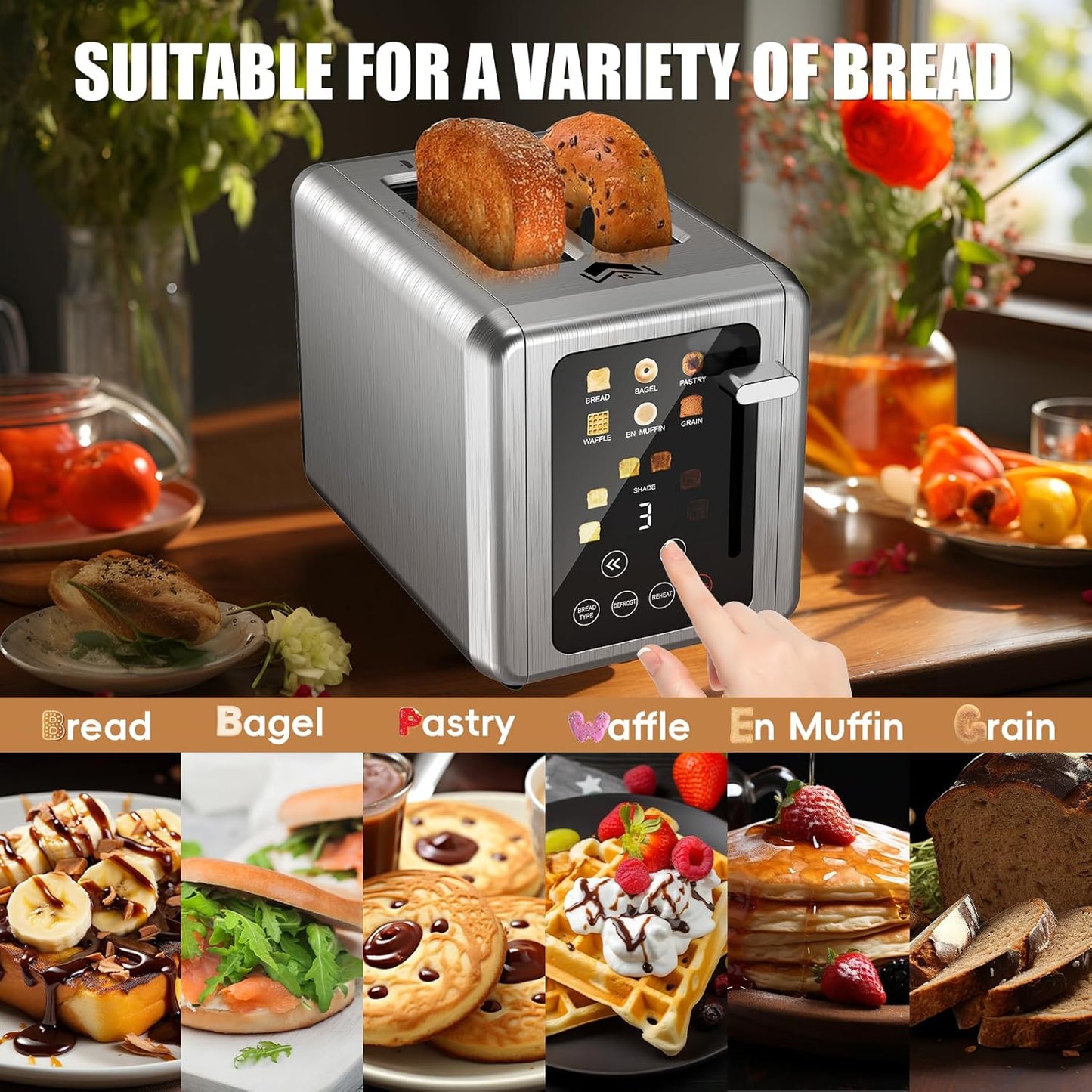 2 Slice Toaster,Touchscreen & Dual Independent Control Panel,5 Basic Functions & Digital Countdown Toasters,6 Shade Settings＆6 Bread Types,Smart Bread Maker Mute/Screen-Off,Titanium