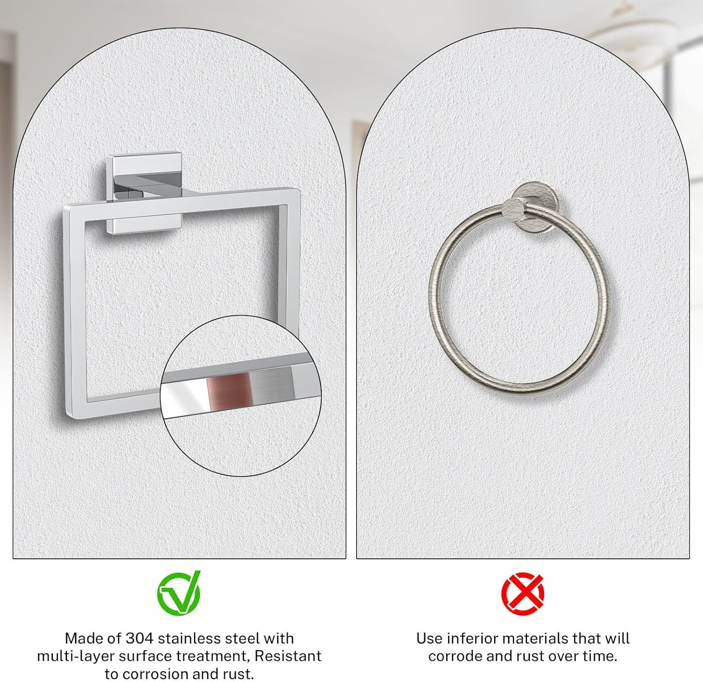 Polished Chrome Towel Ring Square Hand Towel Holder Towel Hanger Bathroom Hardware Accessories Stainless Steel Wall-Mounted Towel Rack
