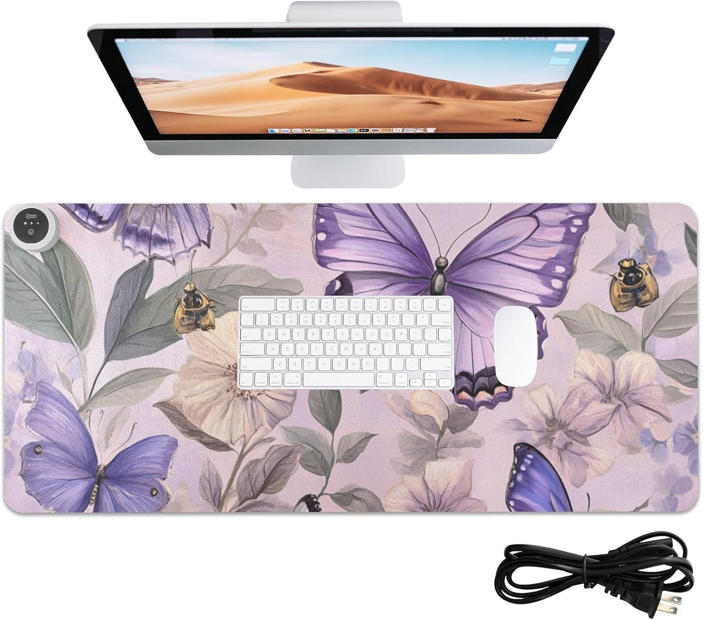 Heated Desk Pad Mouse Pad 31.5x13 Inch PU Leather Desk Mat with 3 Heat Levels Large Mouse Gaming Computer Laptop Mat Floral Purple Butterflies Bees