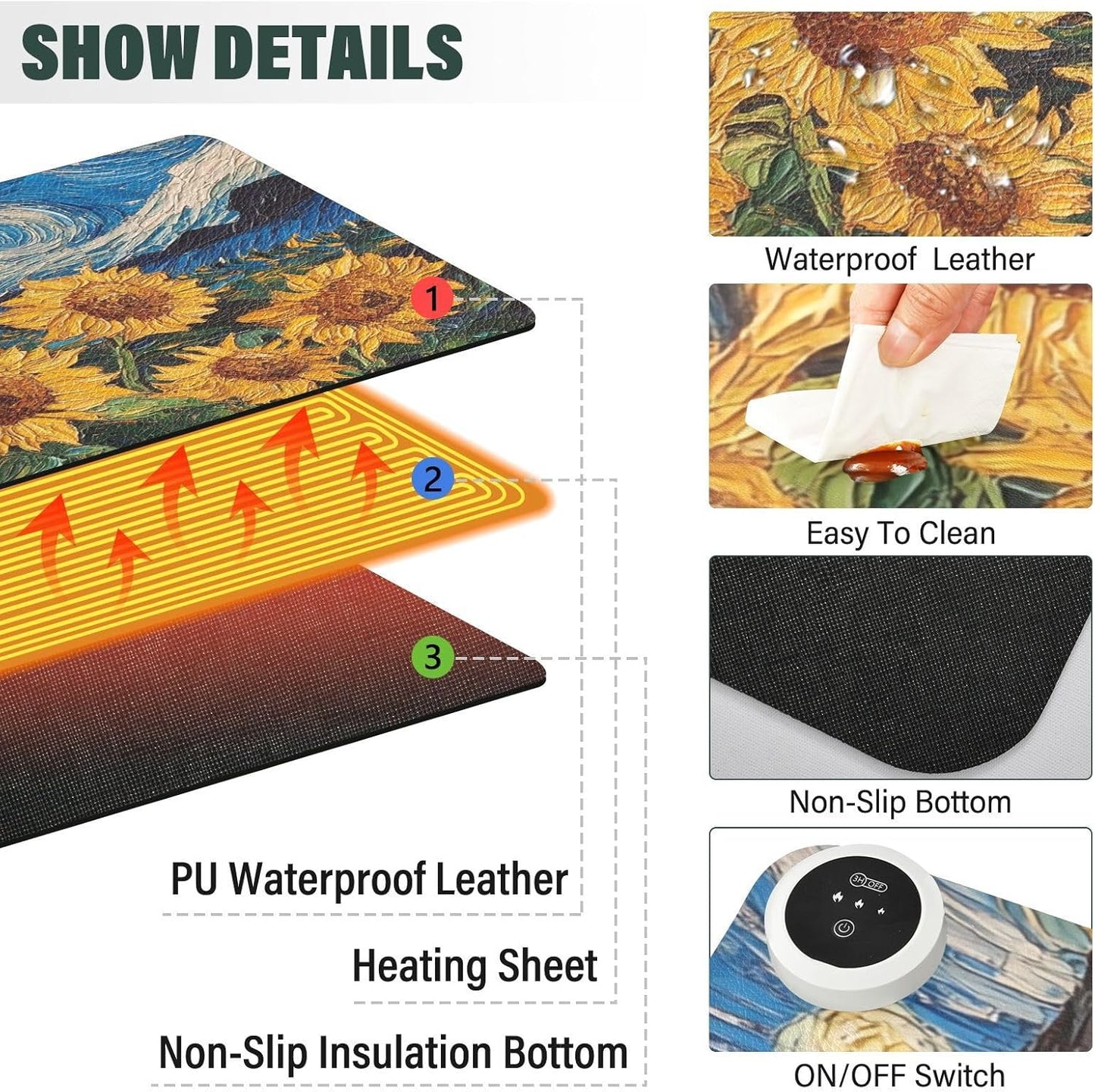 Heated Desk Pad Mouse Pad 31.5x13 Inch PU Leather Desk Mat with 3 Heat Levels Large Mouse Gaming Computer Laptop Mat Starry Night Blue Sunflowers