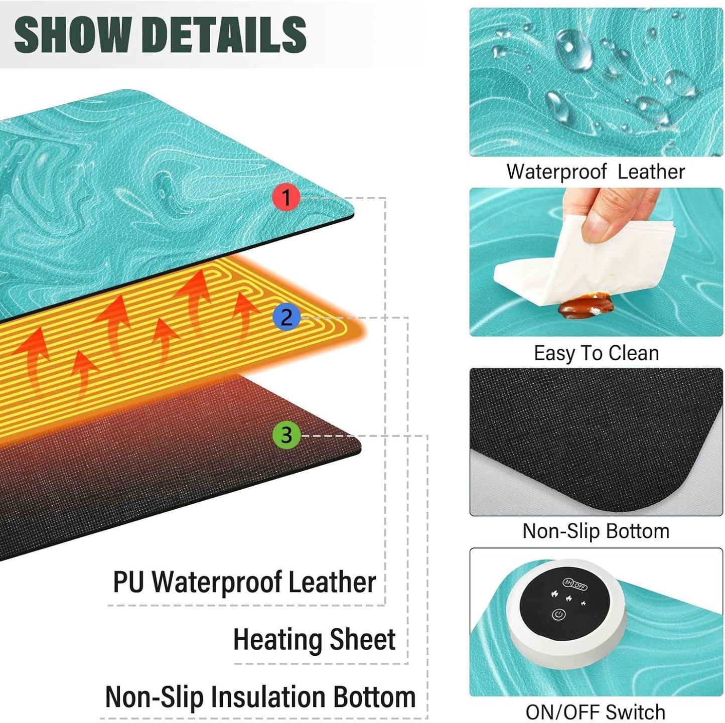 Heated Desk Pad Mouse Pad 31.5x13 Inch PU Leather Desk Mat with 3 Heat Levels Large Mouse Gaming Computer Laptop Mat Teal Fluid