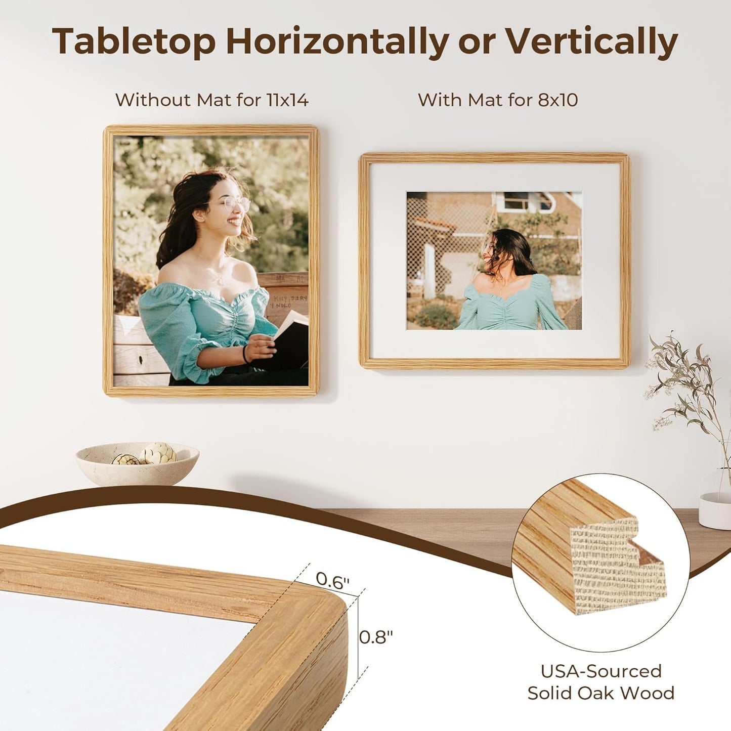 11x14 Picture Frame, Solid Oak Wood Frame 11 x 14 for Wall, Rustic Wooden Frames 11 by 14 with Tempered Glass, 11x14 Frame with Mat for 8x10, Home Decor Photo Frames 11"x14", Natural Oak Color, 3 Pack