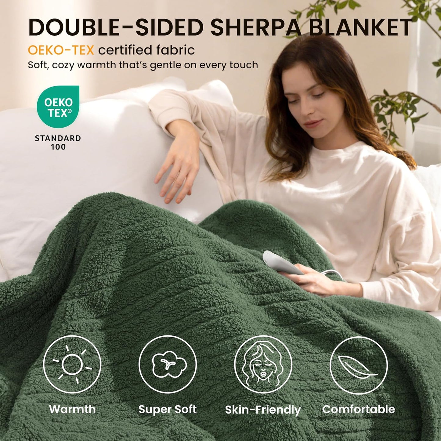 Heated Blanket Electric Blanket Throw - Fast Heating Blanket Throw Double Sided Sherpa Ultra Soft Cozy with 10 Heating Levels & 2-10 Hours Auto Off, Mashine Washable, 50 x 60 Inches, Green